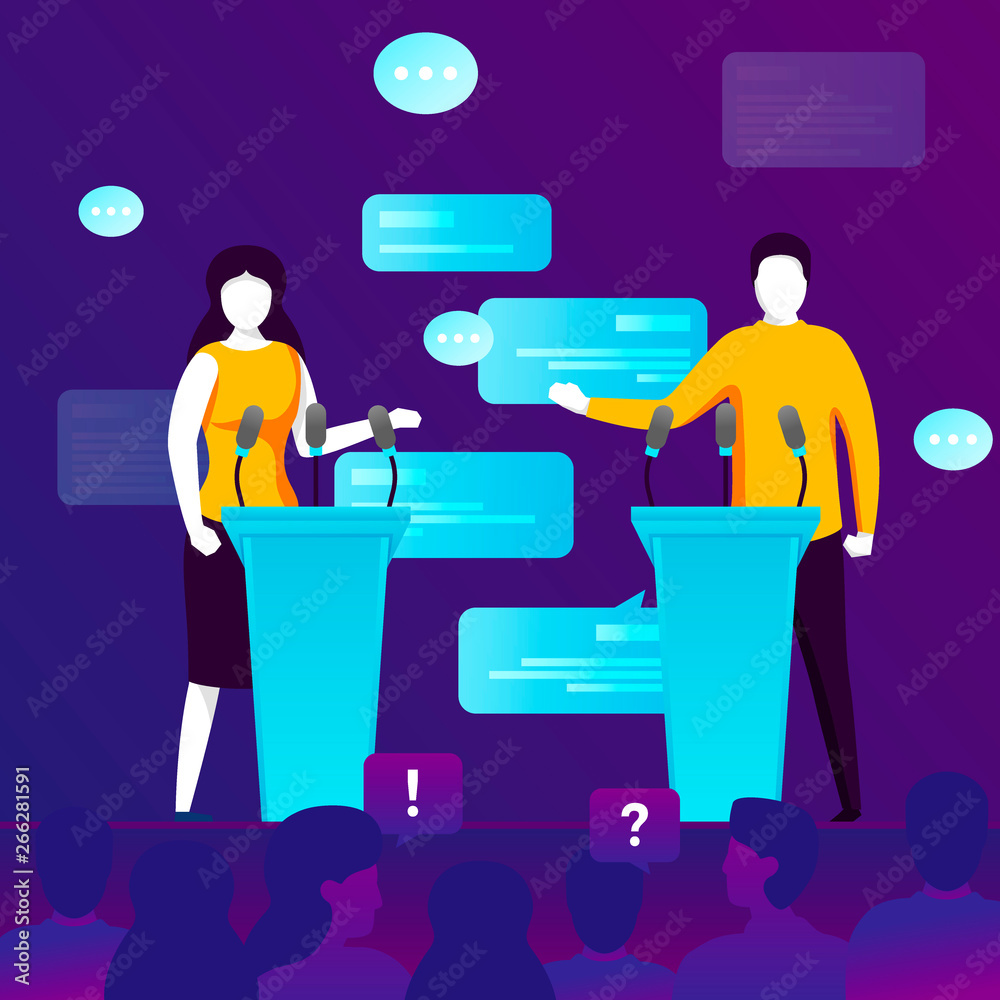 Vector concept illustration - political meeting, girl and man on a tribune. Modern bright banner template with place for your text. Vector concept illustration - political meeting, girl and man on a tribune. Modern bright banner template with place for your text.
