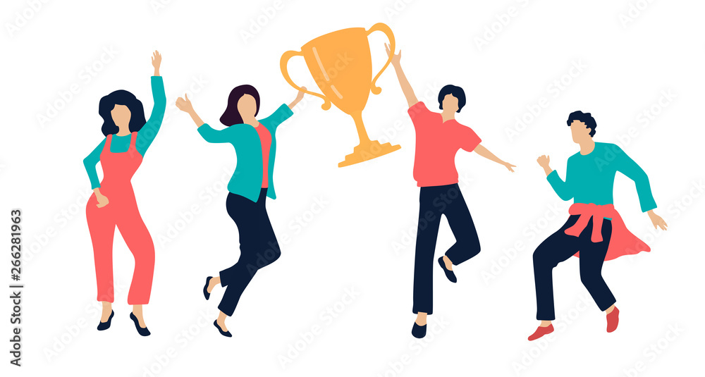 Set of happy dancing people, winners with golden cup. Color silhouettes isolated on white, flat style. Set of happy dancing people, winners with golden cup. Color silhouettes isolated on white, flat style.