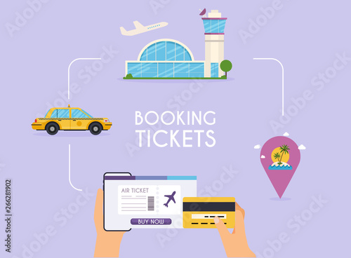 Online booking ticked. Buy Ticket Online. Traveling on airplane, planning a summer vacation, tourism and journey objects and passenger luggage.