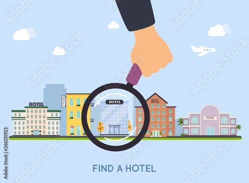 Hotel selection. Magnifying glass with hotel. Concept for web banners, websites, infographics.