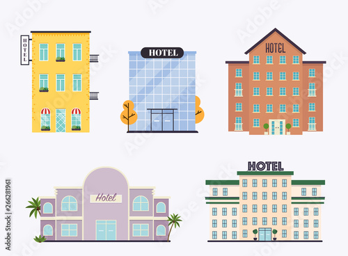 Set of hotels facade. Ideal for market business web publications and graphic design. Flat style vector illustration.