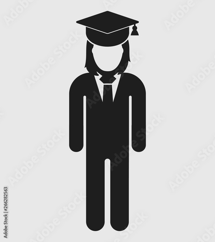Graduate Student Icon. Standing Female symbol on gray background. Flat style vector EPS.