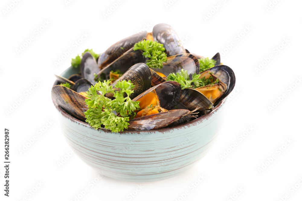 mussel and parsley isolated on white background mussel and parsley isolated on white background