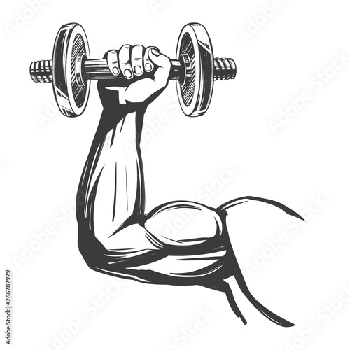 arm, bicep, strong hand holding a dumbbell, icon cartoon hand drawn vector illustration sketch