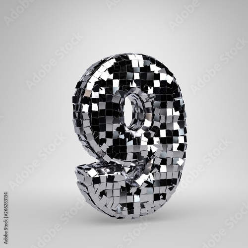 Chrome Disco ball number 9 isolated on white background. 3D rendered alphabet.