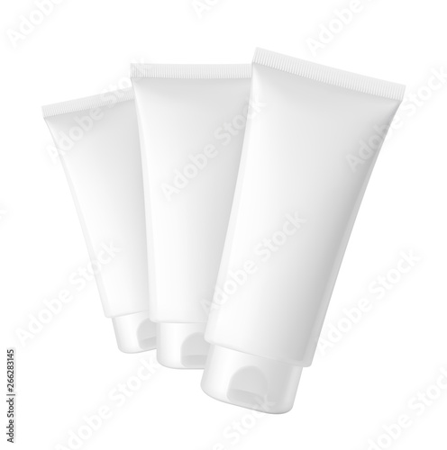 Blank realistic cosmetic tubes isolated on white background. Can be used for cosmetic, medical, gels, creams, shampoo and pastes. Face, side and back view. Vector illustration. EPS10.