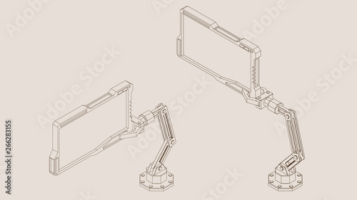 Robotic arm with futuristic monitor. Vector outline illustration.