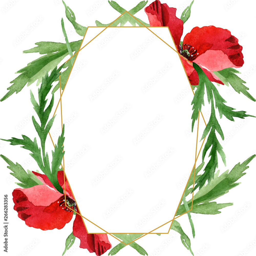 Fototapeta premium Red poppy floral botanical flowers. Watercolor background illustration set. Frame border ornament square.