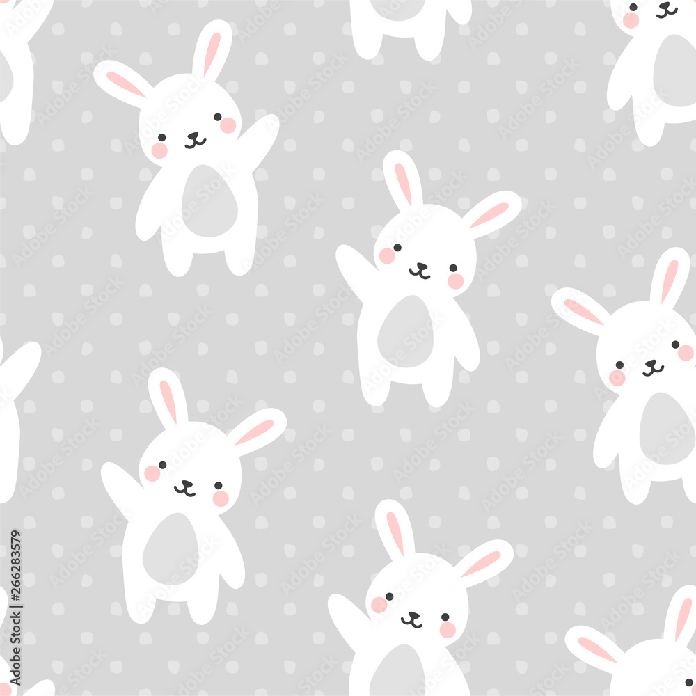 Rabbit Seamless Pattern Background, Scandinavian Happy bunny raccoon with dot for baby. cartoon rabbit bears vector illustration for kids nordic background