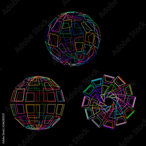 Abstract polygonal broken sphere set.Vector outline illustration.