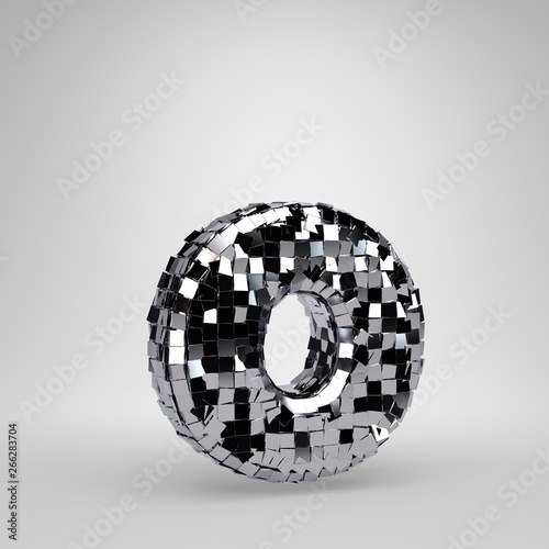Chrome Disco ball lowercase letter O isolated on white background. 3D rendered alphabet.
