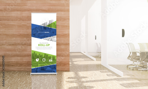 roll up design mockup at office with conference rooms photo