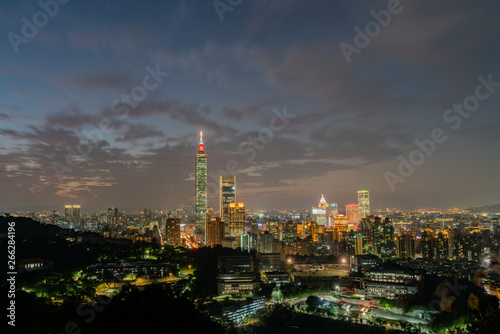 Night aerial view of the Taipei 101 and cityscape from Xiangshan