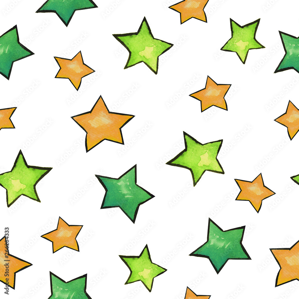 Obraz premium Pattern with painted green and yellow stars on a white background.