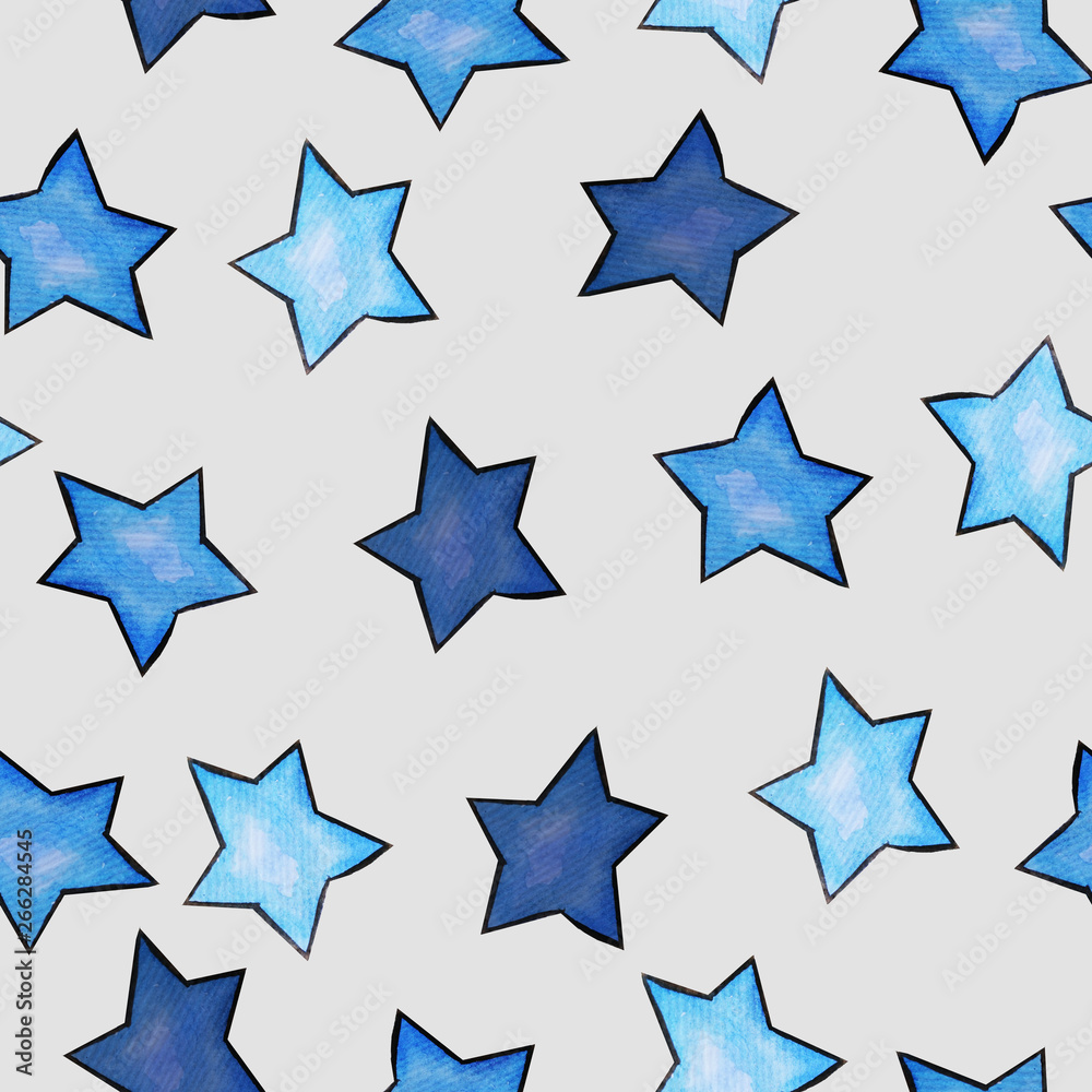 Pattern with watercolor stars in blue on a grey background Pattern with watercolor stars in blue on a grey background
