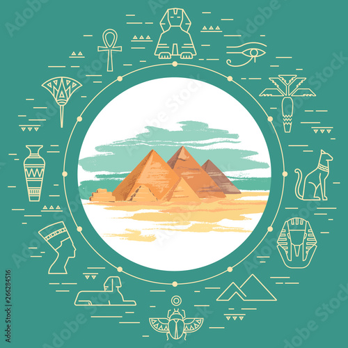 Colorful vector illustration of the pyramid of Giza, Egypt hand-drawn and landmarks icons in linear style isolated on background. Egypt tourist poster.