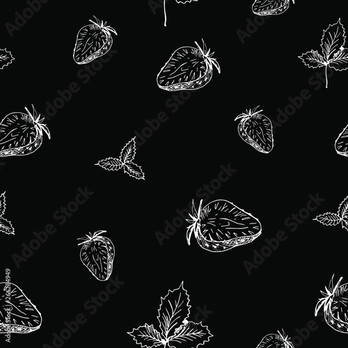 White strawberry on black. Strawberry background. Hand sketched white berries and leaves from strawberries on black background. Seamless vector wallpaper.