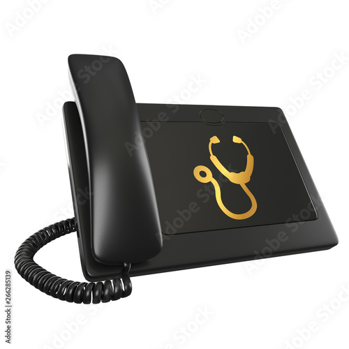isolated 3d black digital telephone with golden stethoscope icon
