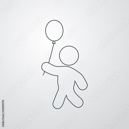 Icono plano lineal niño andando con globo en fondo gris