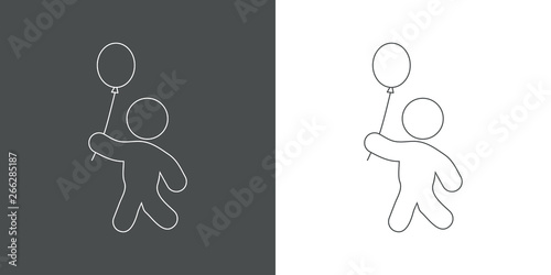 Icono plano lineal niño andando con globo en gris y blanco