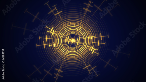 a dark blue background with circles and abstract yellow lines