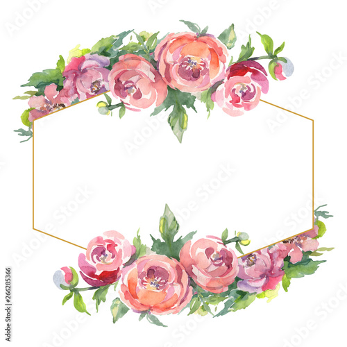 Peony bouquet floral botanical flowers. Watercolor background illustration set. Frame border ornament square.
