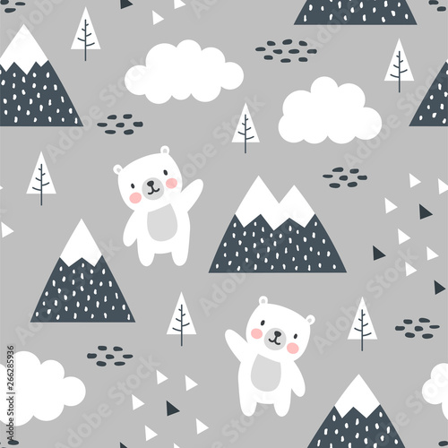 Szczęśliwy słodki miś w lesie między górskim drzewem a chmurą, kreskówka niedźwiedzie panda wektor ilustracja dla dzieci tło lasu z kropkami trójkąta