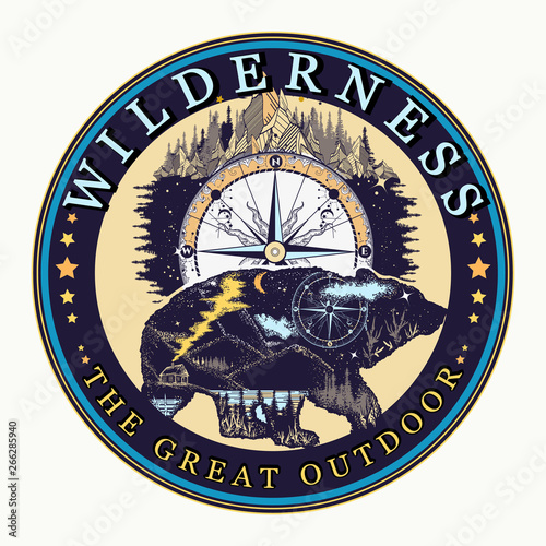 Bear double exposure. Wilderness, the great outdoors slogan. Symbol of tourism and travel. Grizzly silhouette