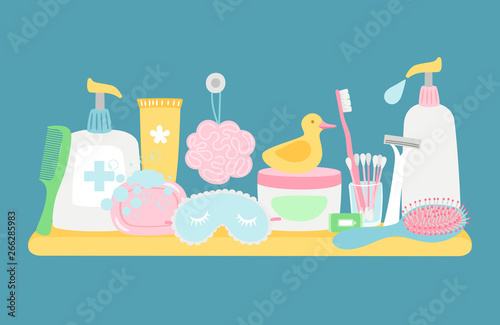 Bathroom hygiene accessorises and cosmetics vector composition on blue background
