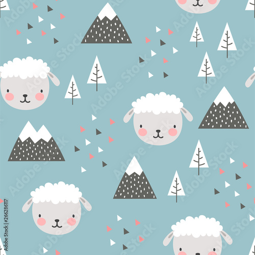 Sheep Seamless Pattern Background, Scandinavian Happy cute lamb in the forest between mountain tree and cloud, Cartoon sheep Vector illustration for kids nordic background with triangle dots