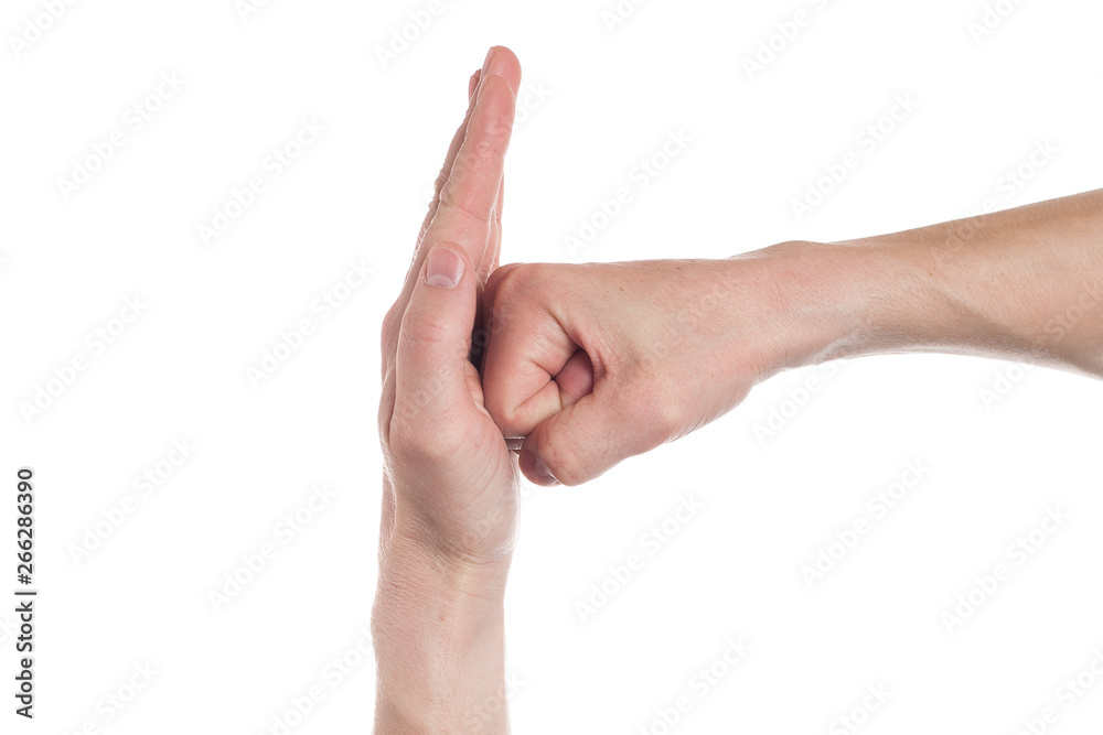 Hand with open palm on white background. Male hand in the attack and in defense of the hand Hand with open palm on white background. Male hand in the attack and in defense of the hand