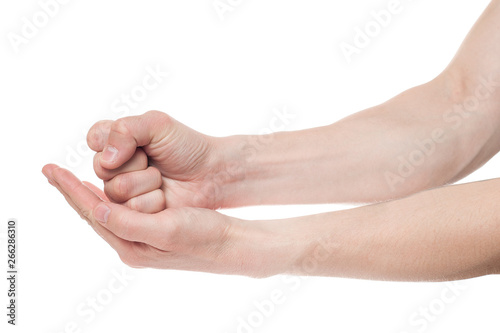 Hand with open palm on white background. Male hand in the attack and in defense of the hand
