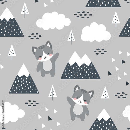 Cat Seamless Pattern, scandinave Happy mignon minou dans la forêt entre arbre de montagne et nuage, illustration vectorielle de chaton de dessin animé pour fond nordique enfants avec des points triangulaires