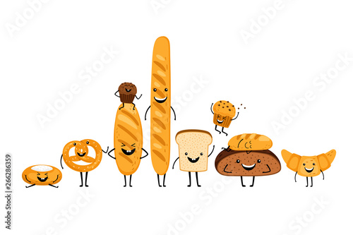 Doodle smiling bread characters set isolated on white background. Vector illustration