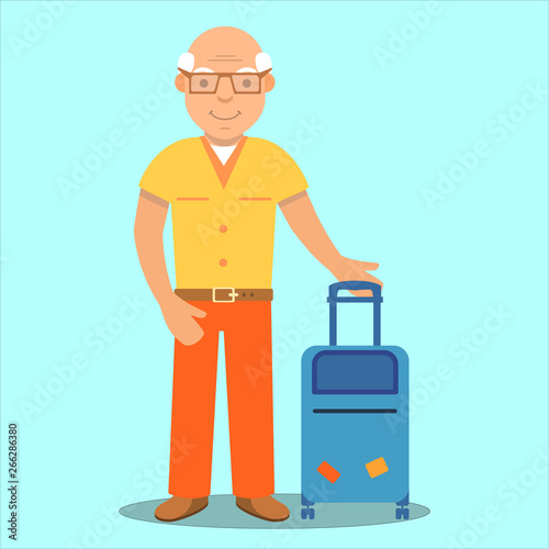 Elderly male tourist,suitcase.Happy old traveling grandfather.Senior age.Cartoon characters vector flat.Summer vacation.Senior Adult.
