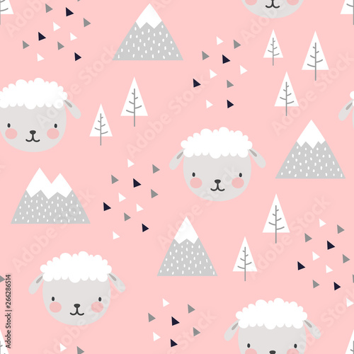 Sheep Seamless Pattern Background  Scandinavian Happy cute lamb in the forest between mountain tree and cloud  Cartoon sheep Vector illustration for kids nordic background with triangle dots