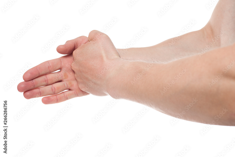 Hand with open palm on white background. Male hand in the attack and in defense of the hand Hand with open palm on white background. Male hand in the attack and in defense of the hand