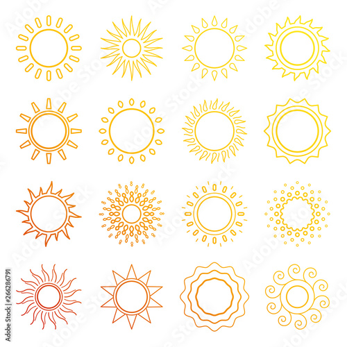 Red, yellow, orange line sun icons vector collection