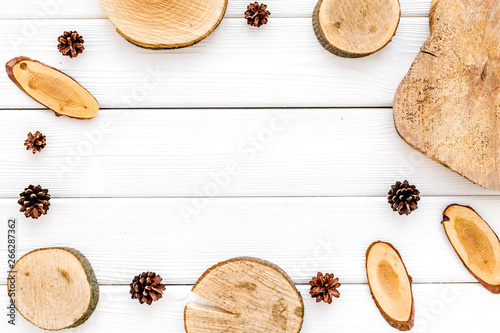 Tree stumps and cones frame for presentation background top view copy space