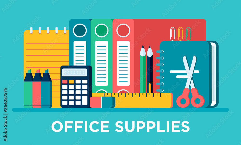 Fototapeta premium Office supplies set. Calculator, eraser, pens, scissors, ruler, notebook, pin, marker, documents, paper clip. Office and student items, back to school objects set for banner, flyer