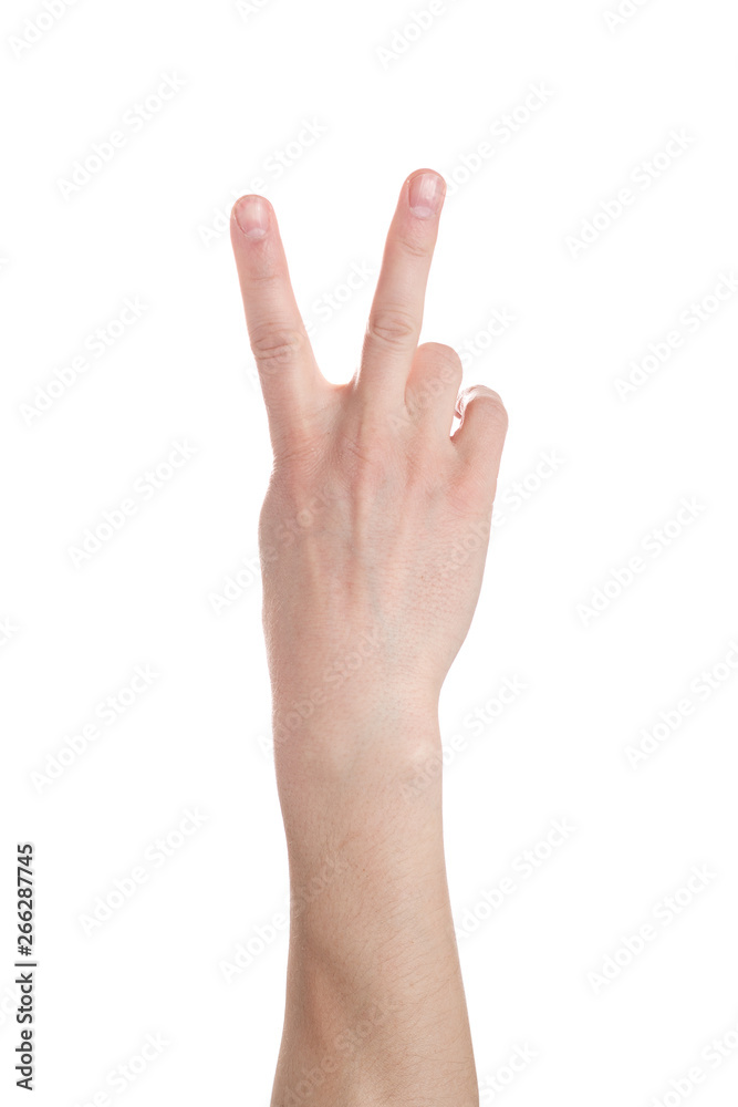 Man showing number two on white background, closeup. male hand shows a Man showing number two on white background, closeup. male hand shows a