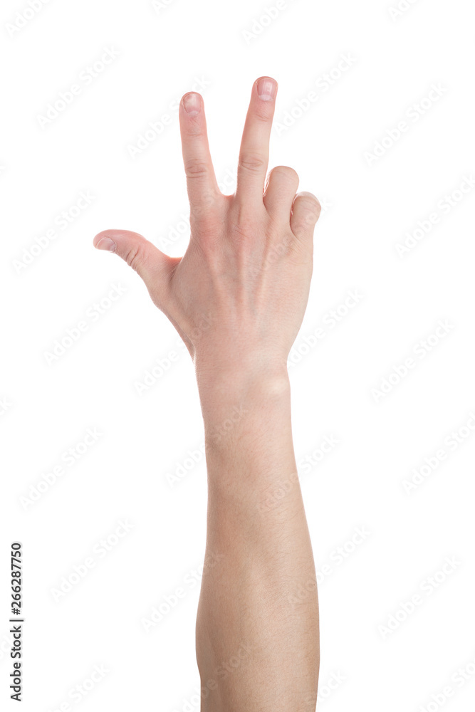 Man showing number three on white background, closeup. Man showing number three on white background, closeup.