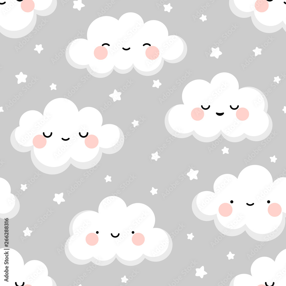 Cloud cute smiling face seamless pattern background with star glow, green repeating vector illustration Cloud cute smiling face seamless pattern background with star glow, green repeating vector illustration