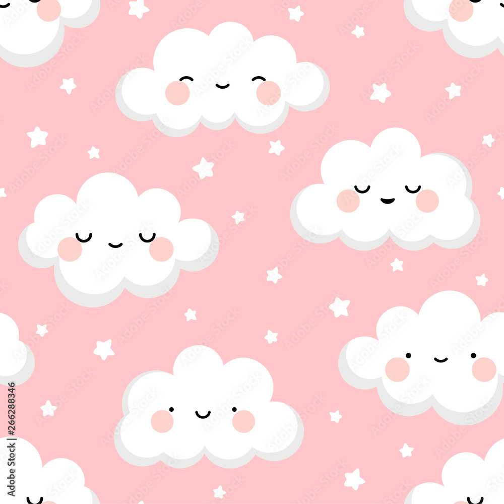 Cloud cute smiling face seamless pattern background with star glow, green repeating vector illustration