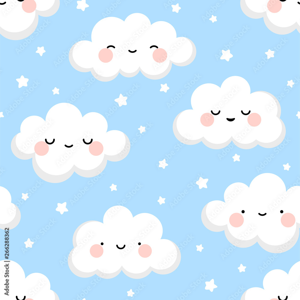 Cloud cute smiling face seamless pattern background with star glow, green repeating vector illustration Cloud cute smiling face seamless pattern background with star glow, green repeating vector illustration