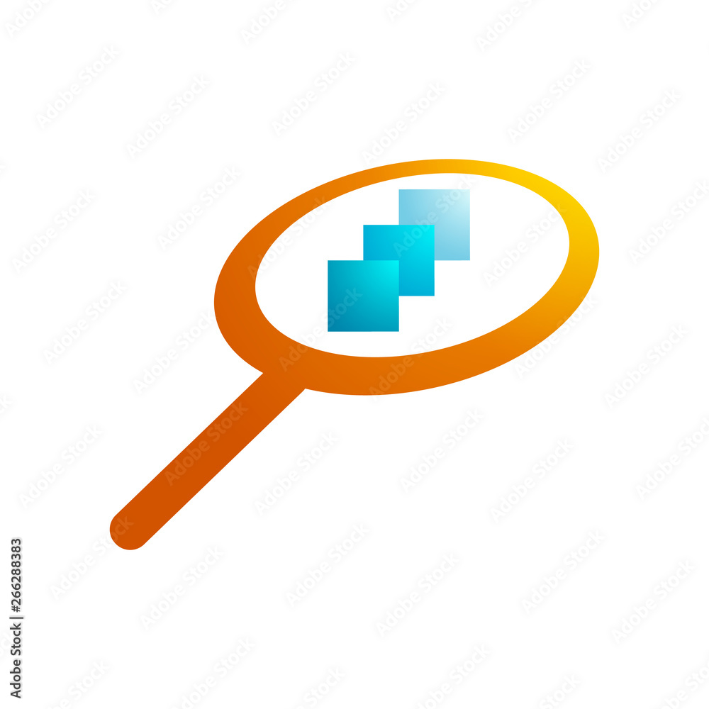 magnifying glass logo, orange, three paper in the middle magnifying glass logo, orange, three paper in the middle