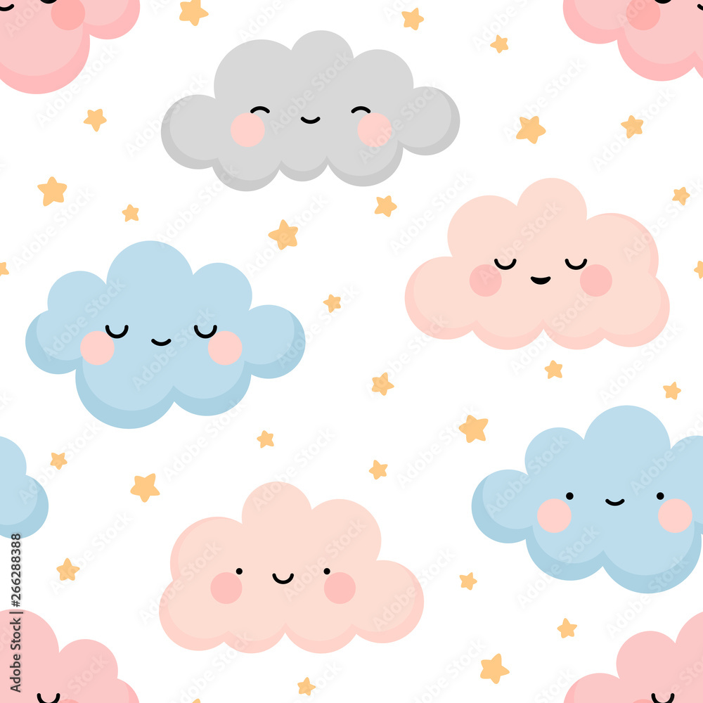 Cute colorful cloud smiling face seamless pattern background with yellow star glow, white repeating vector illustration Cute colorful cloud smiling face seamless pattern background with yellow star glow, white repeating vector illustration