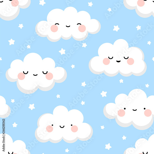 Cloud cute smiling face seamless pattern background with star glow, green repeating vector illustration