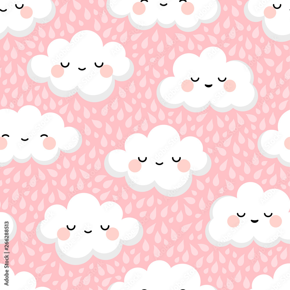Cute cloud smiling face seamless pattern background with rain drop, repeating vector illustration Cute cloud smiling face seamless pattern background with rain drop, repeating vector illustration