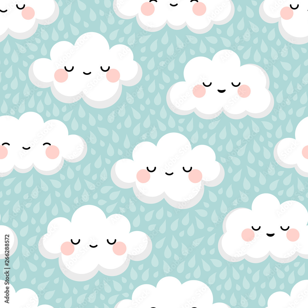Cute cloud smiling face seamless pattern background with rain drop, repeating vector illustration